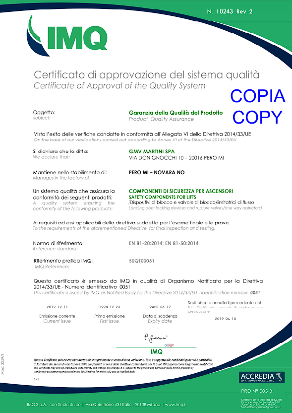 GMV-2019 QUALITY ASSURANCE CERTIFICATE