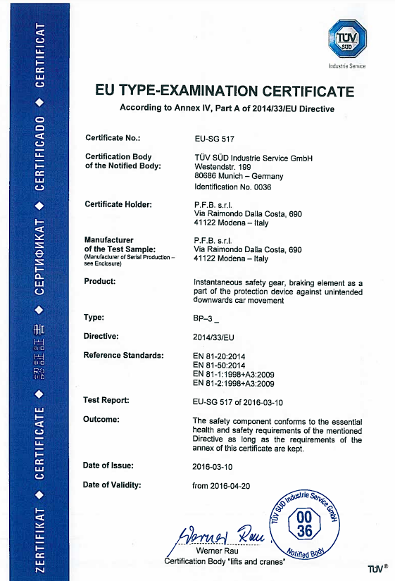 PFB - BP3-EU-SG517 - EU Type Examination Certificate