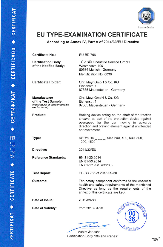 EU Type Examination Certificate for SGS 40H-48-50-55-62