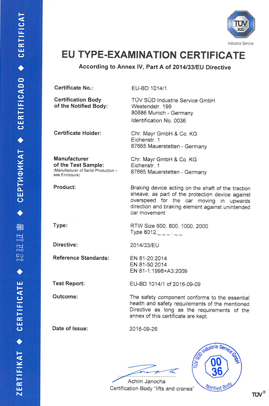 EU Type Examination Certificate for SG SG48-48H-53-58-62-70