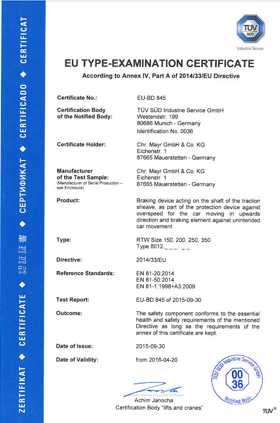 EU Type Examination Certificate for SGS 10-15-20-22-30-40