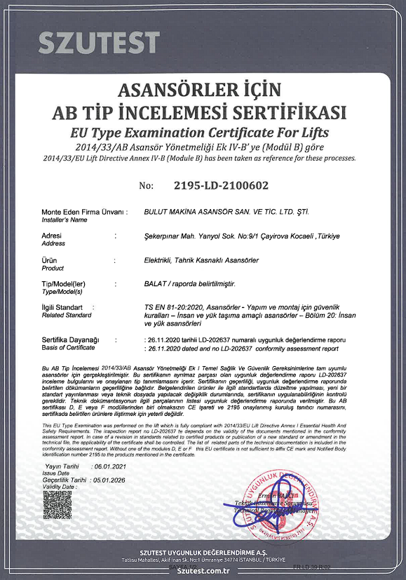 BALAT-EU TYPE EXAMINATION  CERTIFICATE FOR MACHINE ROOMLESS ELEVATORS