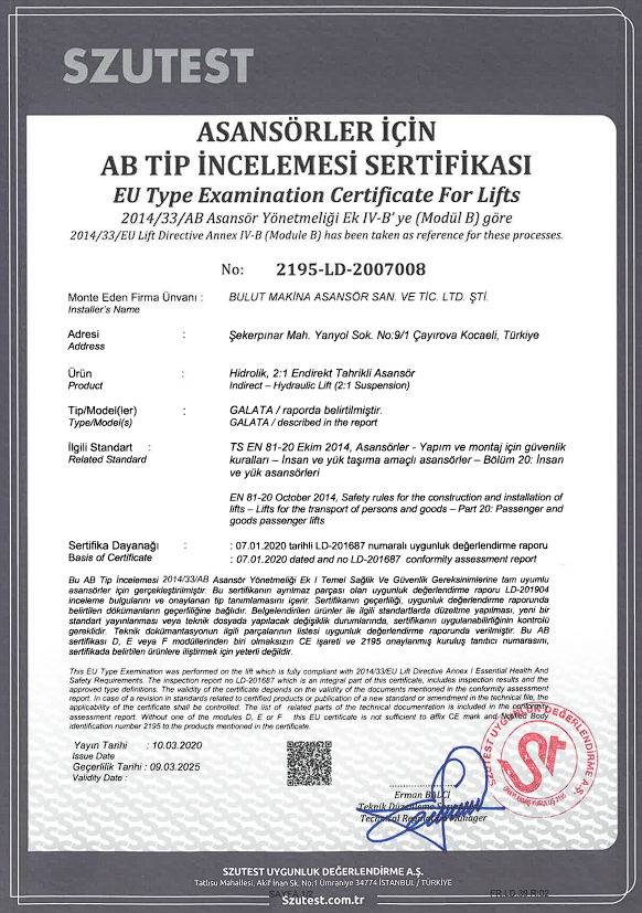 GALATA-EU TYPE EXAMINATION CERTIFICATE FOR HYDRAULIC ELEVATORS